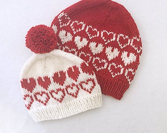 Hearts All Around Knitted Hat PDF Pattern for Children, Women and Men