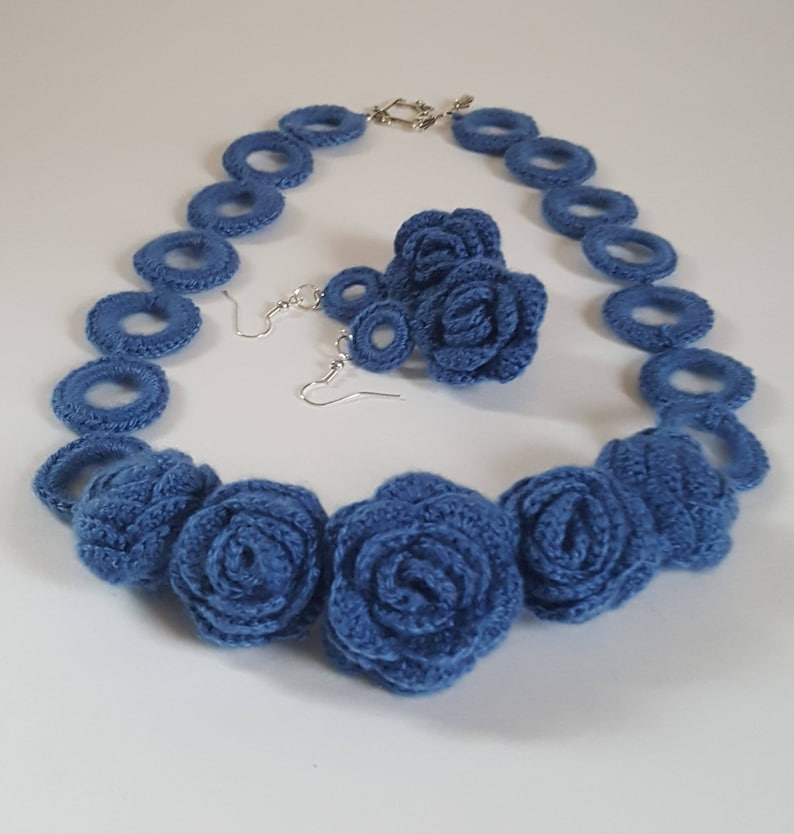 Blue Crochet Rose Necklace and Earing Set Handmade Jewelry Summer Accessories Floral Jewelry