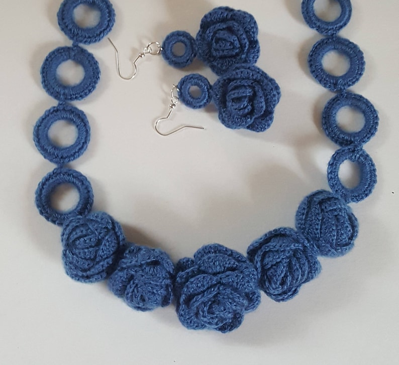 Blue Crochet Rose Necklace and Earing Set Handmade Jewelry Summer Accessories Floral Jewelry