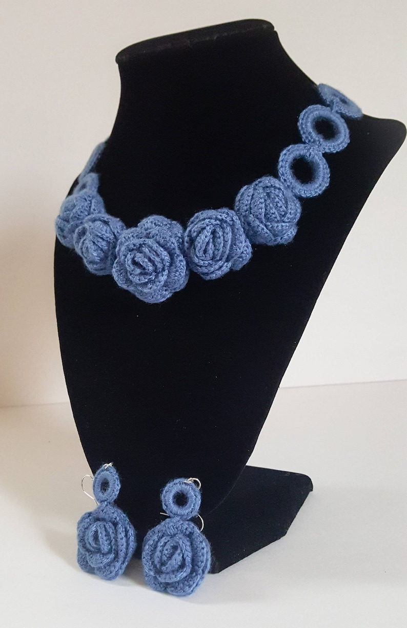 Blue Crochet Rose Necklace and Earing Set Handmade Jewelry Summer Accessories Floral Jewelry