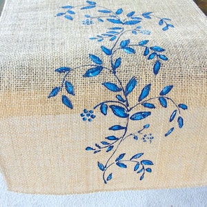 Jute / Burlap Table Runner French Country Decor Wedding Linens, Vintage Wedding Table Runner with Blue Flowers Farmhouse Decor image 2