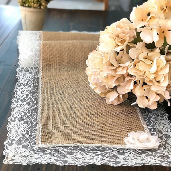 Provencal Table Runner with Ivory Lace , French Country Wedding Decoration Burlap Table Runner , Farmhouse Table Decor