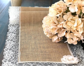 Provencal Table Runner with Ivory Lace , French Country Wedding Decoration Burlap Table Runner , Farmhouse Table Decor