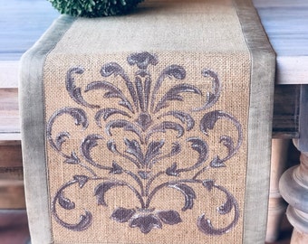 Farmhouse / Country Table Runner with Hand Painted Baroque Design / Vintage Wedding Rustic Linens