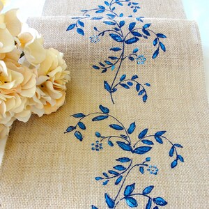 Jute / Burlap Table Runner French Country Decor Wedding Linens, Vintage Wedding Table Runner with Blue Flowers Farmhouse Decor image 4