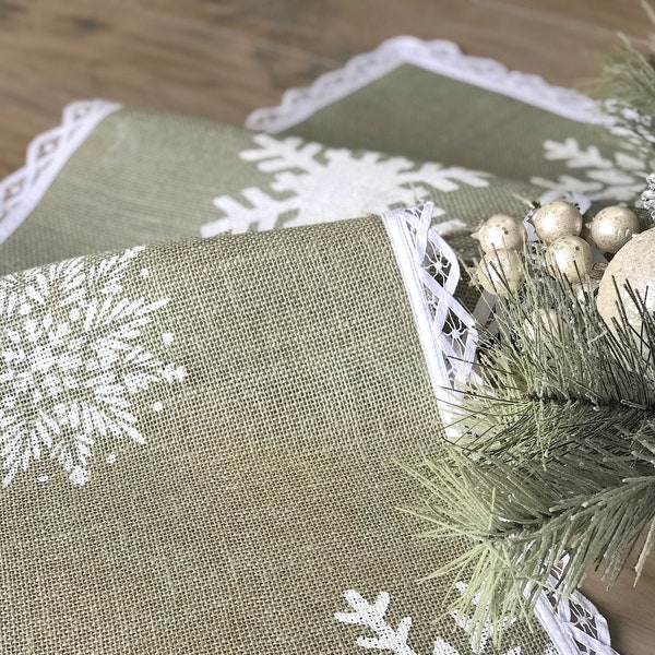 White Sage Table Runner Burlap Table Runner with White Snowflakes , Holliday Table Decor Farmhouse Runner Christmas Table Decoration