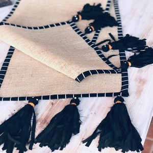 Halloween Burlap Table Runner: Handmade Ghost Tassels, Farmhouse Decor