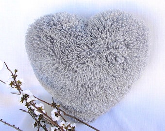 Silver Fluff Heart Shaped Pillow , Big Size Gray Decorative Pillow , Toss pillow by Hot Cocoa Design