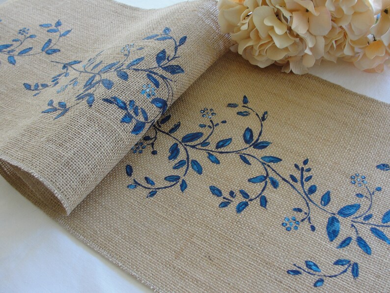 Jute / Burlap Table Runner French Country Decor Wedding Linens, Vintage Wedding Table Runner with Blue Flowers Farmhouse Decor image 6