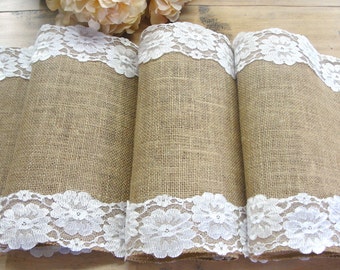 Camino de mesa de arpillera con encaje floral, decoración rústica para bodas