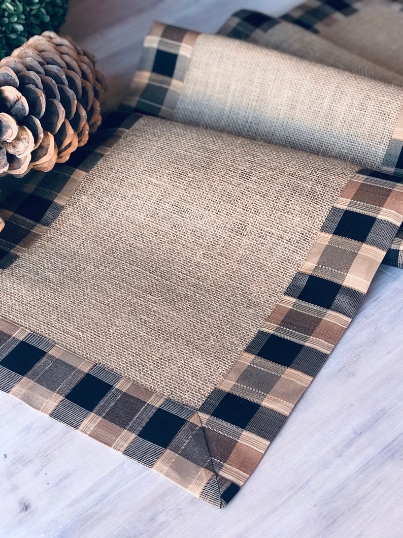 Pine Cabin Rustic Table Runner Farmhouse Linens Burlap Runner Rustic Wedding Decor Country Plaid Checkers Table Topper image 8