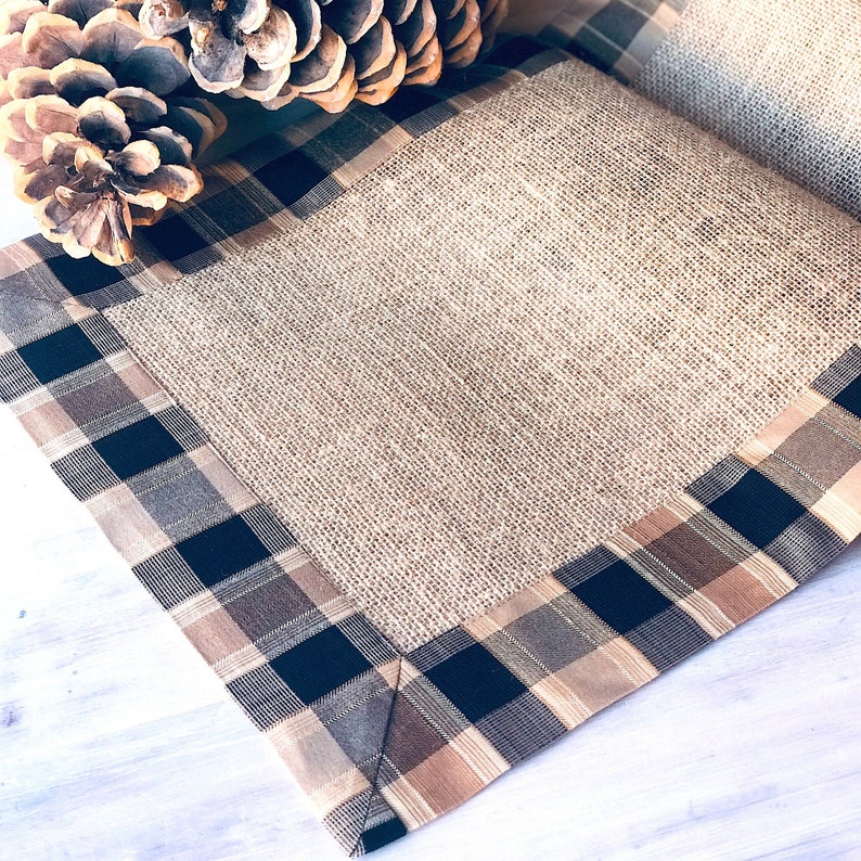 Pine Cabin Rustic Table Runner Farmhouse Linens Burlap Runner Rustic Wedding Decor Country Plaid Checkers Table Topper image 1