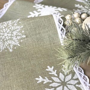 Sage Burlap Snowflake Table Runner, Farmhouse Holiday Decor