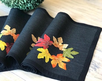 Unique Fall Placemats With Maple Leaves Set of 4 , Black Burlap Placemats / Modern Place Mats / Lined PlaceMats