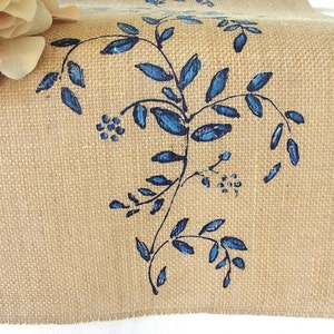 Jute / Burlap Table Runner French Country Decor Wedding Linens, Vintage Wedding Table Runner with Blue Flowers Farmhouse Decor image 5