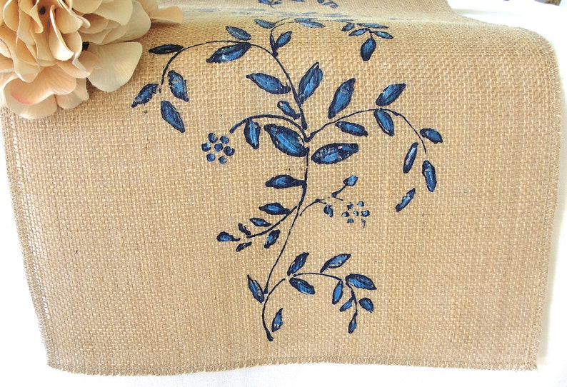 Jute / Burlap Table Runner French Country Decor Wedding Linens, Vintage Wedding Table Runner with Blue Flowers Farmhouse Decor image 5