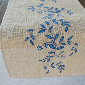 Jute / Burlap Table Runner French Country Decor Wedding Linens, Vintage Wedding Table Runner with Blue Flowers Farmhouse Decor image 8