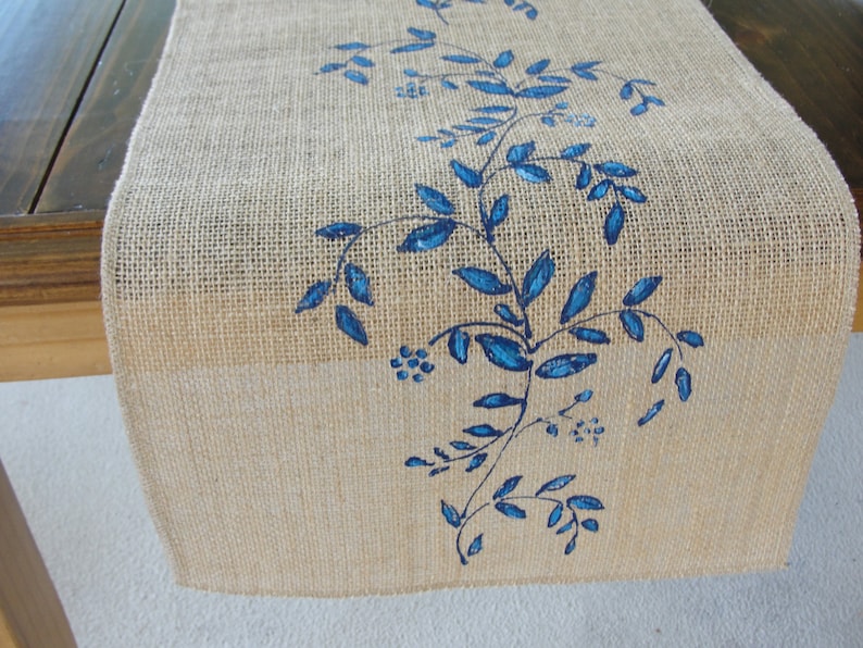 Jute / Burlap Table Runner French Country Decor Wedding Linens, Vintage Wedding Table Runner with Blue Flowers Farmhouse Decor image 8