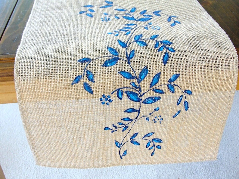 Jute / Burlap Table Runner French Country Decor Wedding Linens, Vintage Wedding Table Runner with Blue Flowers Farmhouse Decor image 2