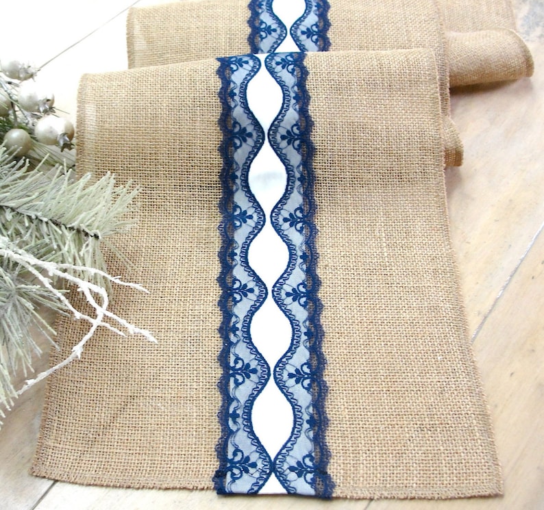 navy runners Wedding table runner Burlap table runner vintage burlap and lace table linens rustic wedding linens