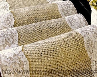 Country wedding table runner burlap and lace wedding rustic table linens bridal shower party, handmade in the USA