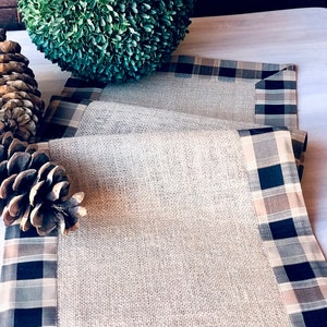 Pine Cabin Rustic Table Runner Farmhouse Linens Burlap Runner Rustic Wedding Decor Country Plaid Checkers Table Topper image 6