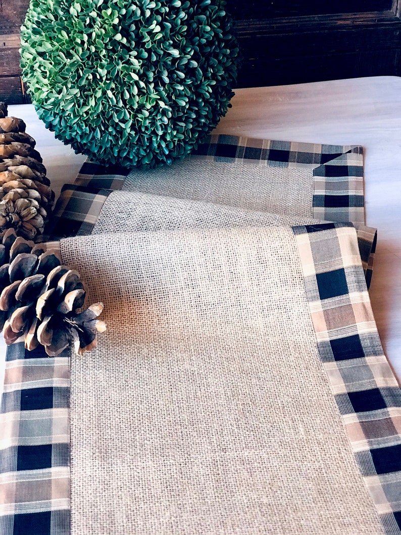 Pine Cabin Rustic Table Runner Farmhouse Linens Burlap Runner Rustic Wedding Decor Country Plaid Checkers Table Topper image 6
