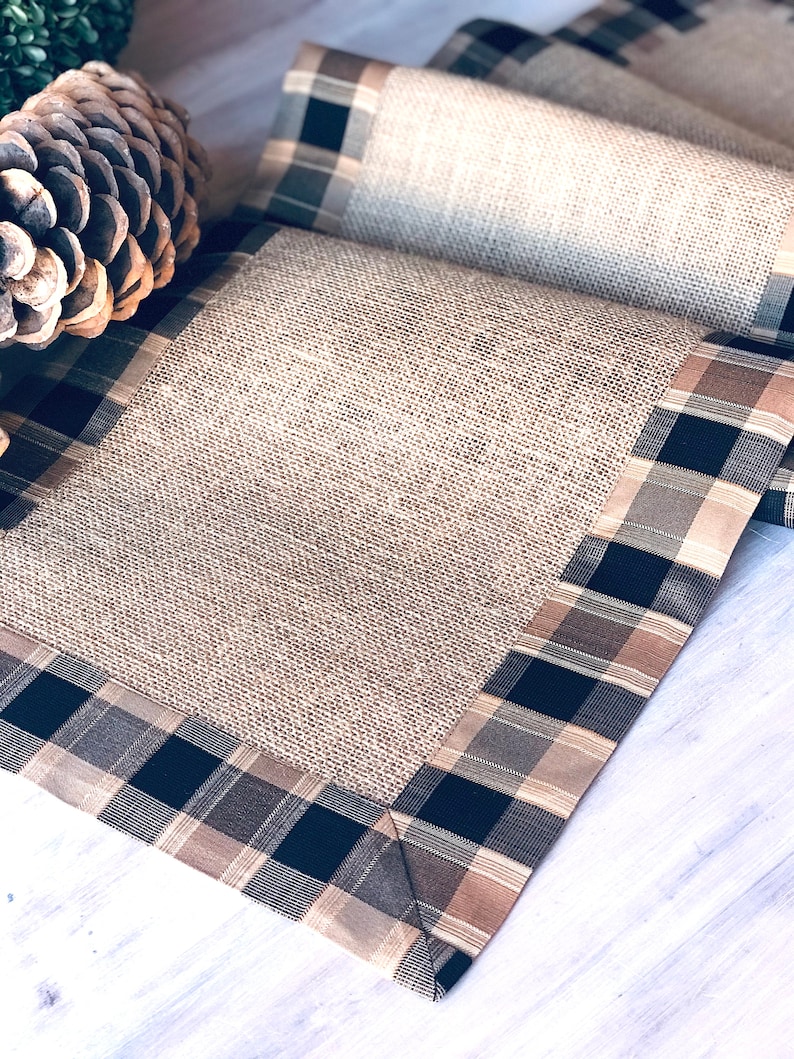 Pine Cabin Rustic Table Runner Farmhouse Linens Burlap Runner Rustic Wedding Decor Country Plaid Checkers Table Topper image 5