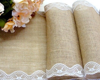 Wedding Table Runner burlap and white lace Country Wedding Tablecloth Rustic table runner Runner wedding tablecloth, Handmade in the USA,