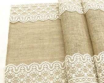 A Rustic chic Burlap table runner wedding table runner with vintage ivory Italian lace wedding decor , handmade in the USA