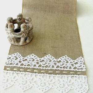 Burlap table runner with hand crouched white lace wedding table runner table decor handmade in the USA, Ready to ship image 5