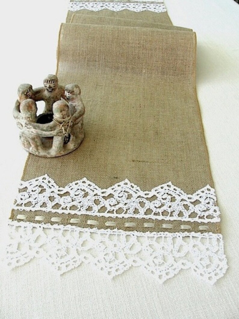 Burlap table runner with hand crouched white lace wedding table runner table decor handmade in the USA, Ready to ship image 5