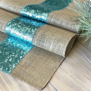 Mint Green Sequin Wedding Table Runner: Burlap Farmhouse Decor
