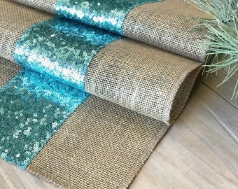 Camino de mesa de boda con lentejuelas verde menta: decoración rústica de arpillera
