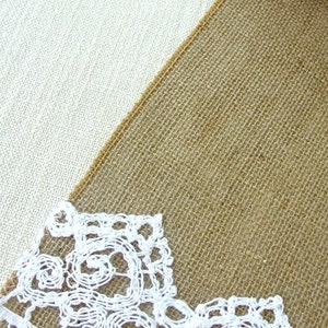 Burlap table runner with hand crouched white lace wedding table runner table decor handmade in the USA, Ready to ship image 4