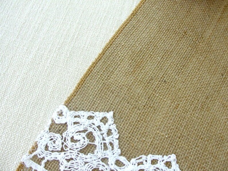 Burlap table runner with hand crouched white lace wedding table runner table decor handmade in the USA, Ready to ship image 4