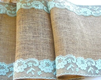 Burlap and lace table runner Turquoise pastel lace wedding table runner rustic wedding linens party table home decor handmade in the USA