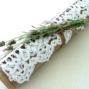 Burlap table runner with hand crouched white lace wedding table runner table decor handmade in the USA, Ready to ship image 3