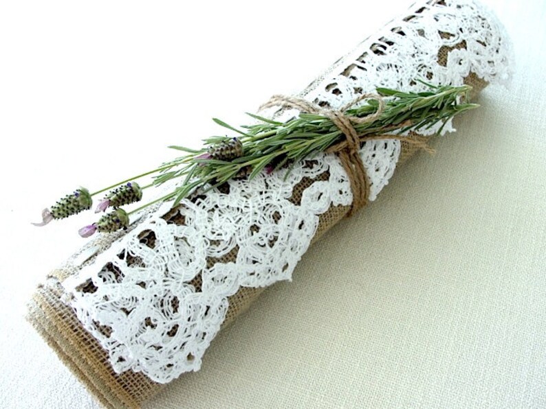 Burlap table runner with hand crouched white lace wedding table runner table decor handmade in the USA, Ready to ship image 3