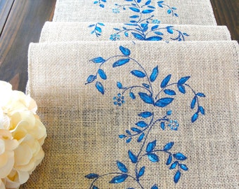 Jute / Burlap Table Runner French Country Decor Wedding Linens, Vintage Wedding Table Runner with  Blue Flowers Farmhouse Decor
