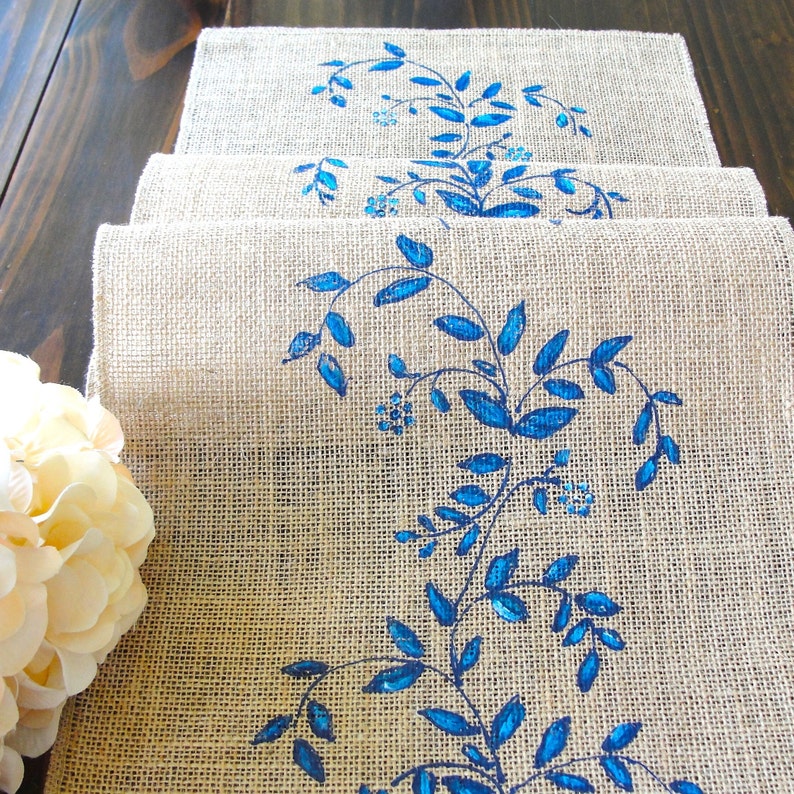 Jute / Burlap Table Runner French Country Decor Wedding Linens, Vintage Wedding Table Runner with Blue Flowers Farmhouse Decor image 1