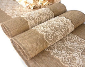 Vintage Wedding Table Runner, Burlap and Lace Country Wedding Linens , Farmhouse Wedding Table Decor , Rustic Wedding Decor