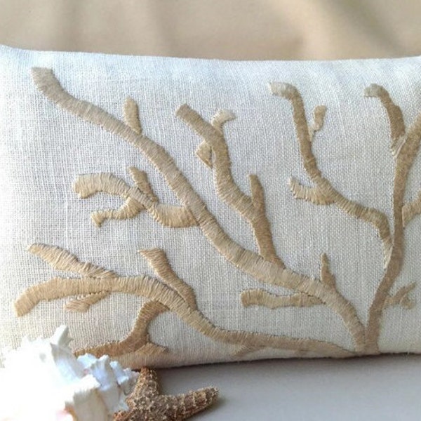 Coral Pillow - Sea life Nautical Home Decor - Golden Cream on Ivory - Beach House Accent Pillow - Rustic Coral Decorative Pillow