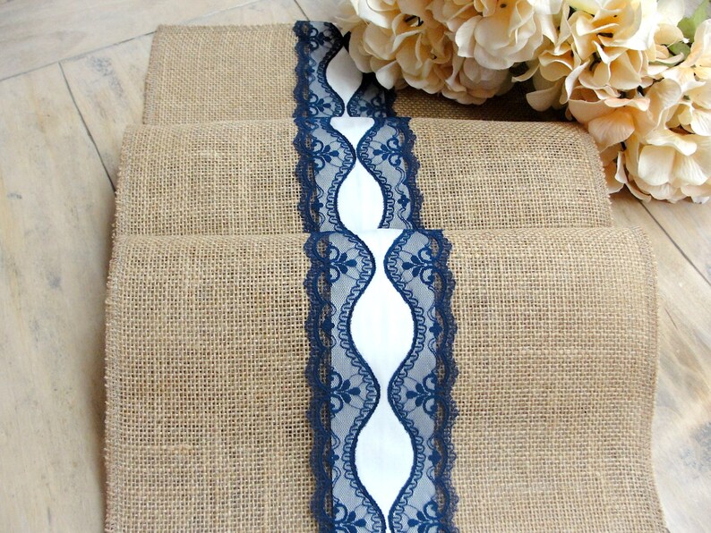 navy runners Wedding table runner Burlap table runner vintage burlap and lace table linens rustic wedding linens