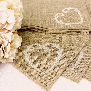 Rustic Burlap Table Topper, Vintage Gold Heart Embroidery, Farmhouse Wedding Decor