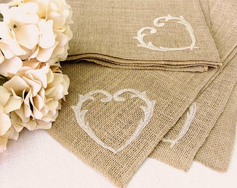 Rustic Burlap Table Topper Wedding Table decor Vintage Gold Heart Embroidery Farmhouse  Decor , Handmade in the USA