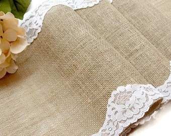 Corredor de mesa de arpillera natural con encaje festoneado blanco, ropa de cama de boda, decoración de granja, decoración de mesa de Pascua
