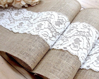 White Lace Wedding Table Runner, Lace and Burlap Country Wedding Decorations, Rustic Wedding Décor Handmade in the USA