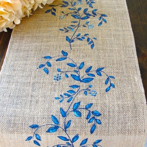 Jute / Burlap Table Runner French Country Decor Wedding Linens, Vintage Wedding Table Runner with Blue Flowers Farmhouse Decor image 3