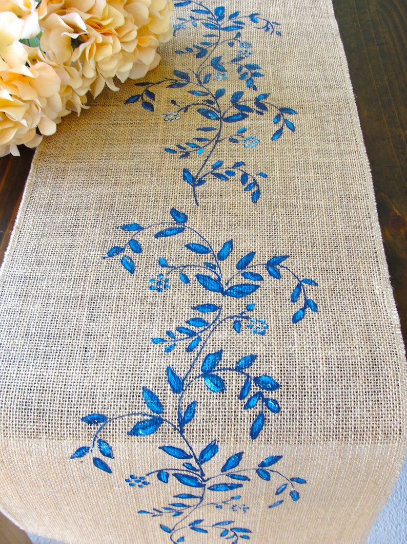 Jute / Burlap Table Runner French Country Decor Wedding Linens, Vintage Wedding Table Runner with Blue Flowers Farmhouse Decor image 3